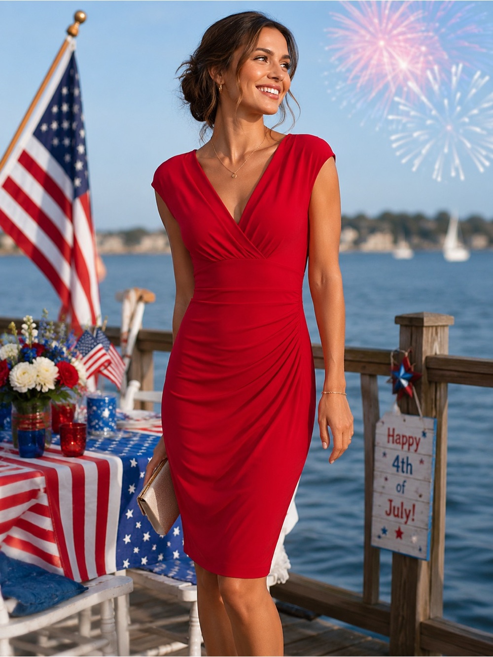 Lauren Ralph Lauren Red Ruched Sheath Dress Size 14 Career Cocktail Party